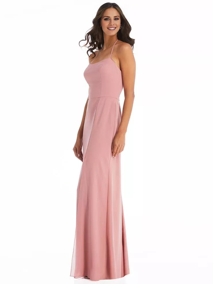 Vestido de fiesta largo hasta el suelo, sin mangas, con cuello colgante, hombros descubiertos, espalda descubierta, abertura lateral 