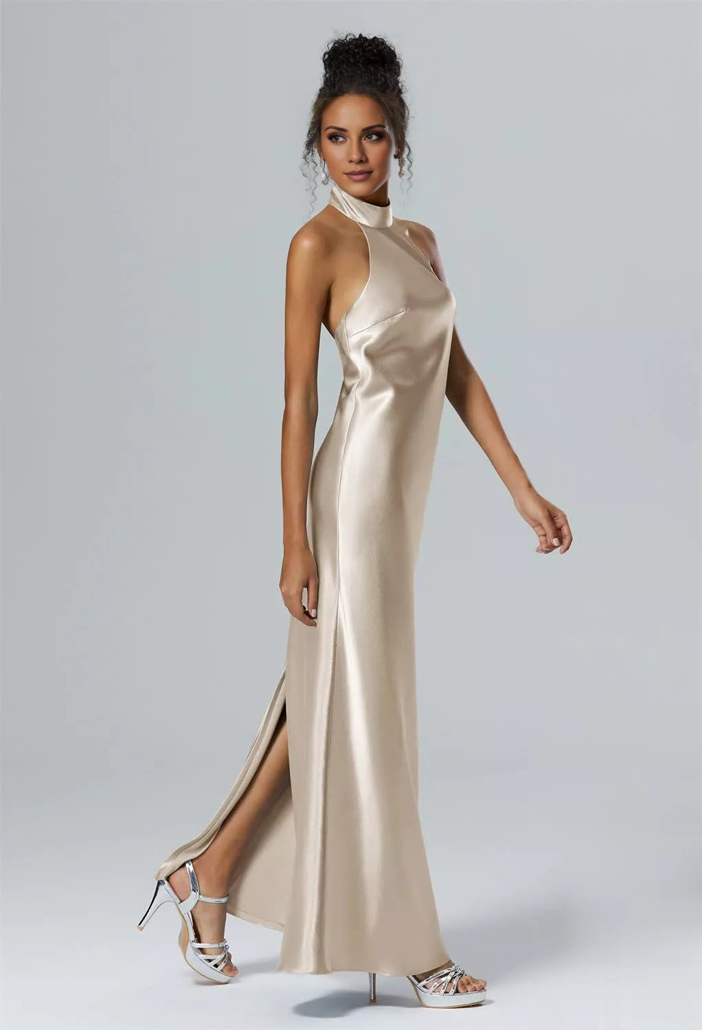 Vestido de dama de honor largo hasta el suelo, sin mangas, con cuello colgante, hombros descubiertos, espalda descubierta, abertura lateral