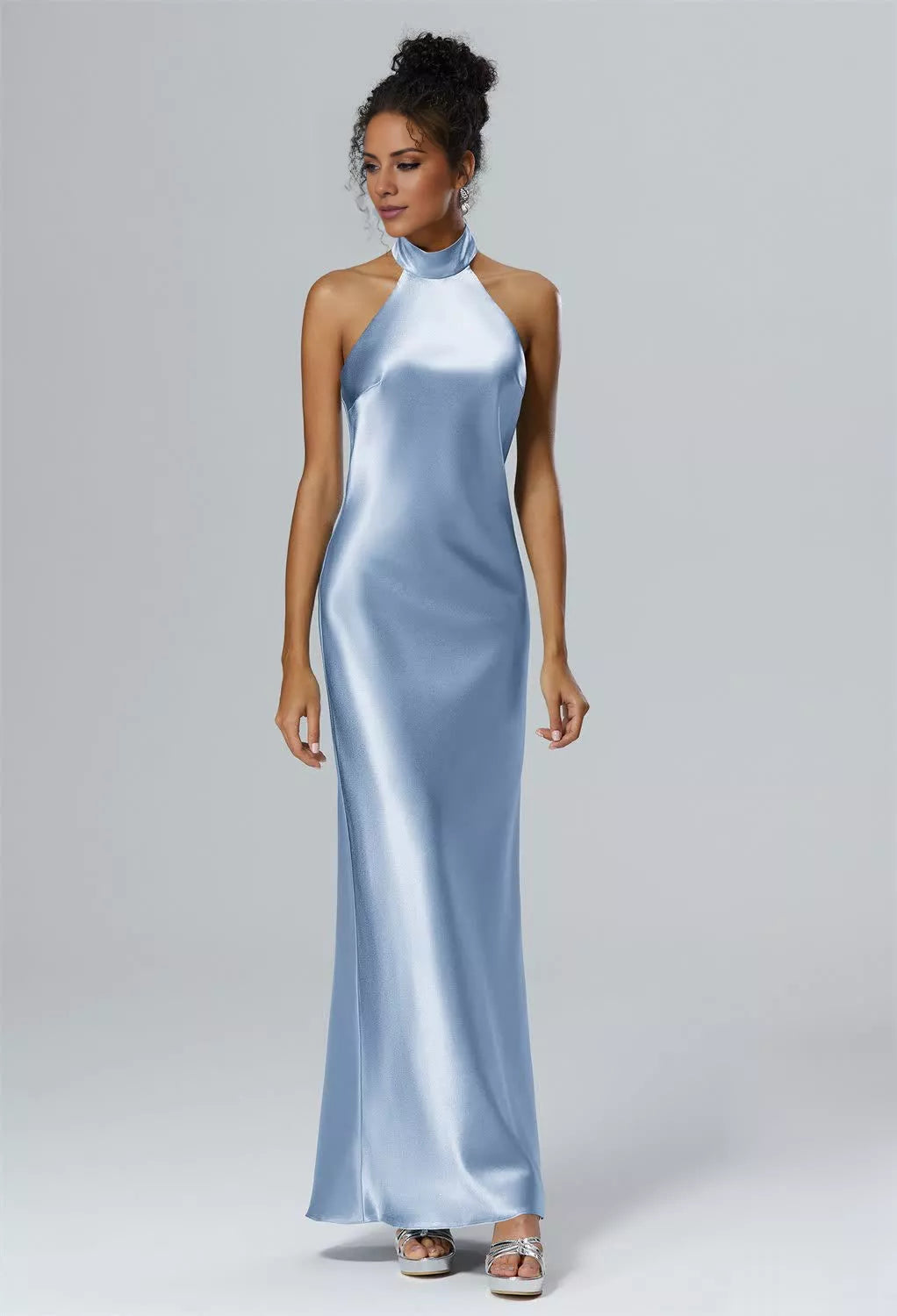 Vestido de dama de honor largo hasta el suelo, sin mangas, con cuello colgante, hombros descubiertos, espalda descubierta, abertura lateral