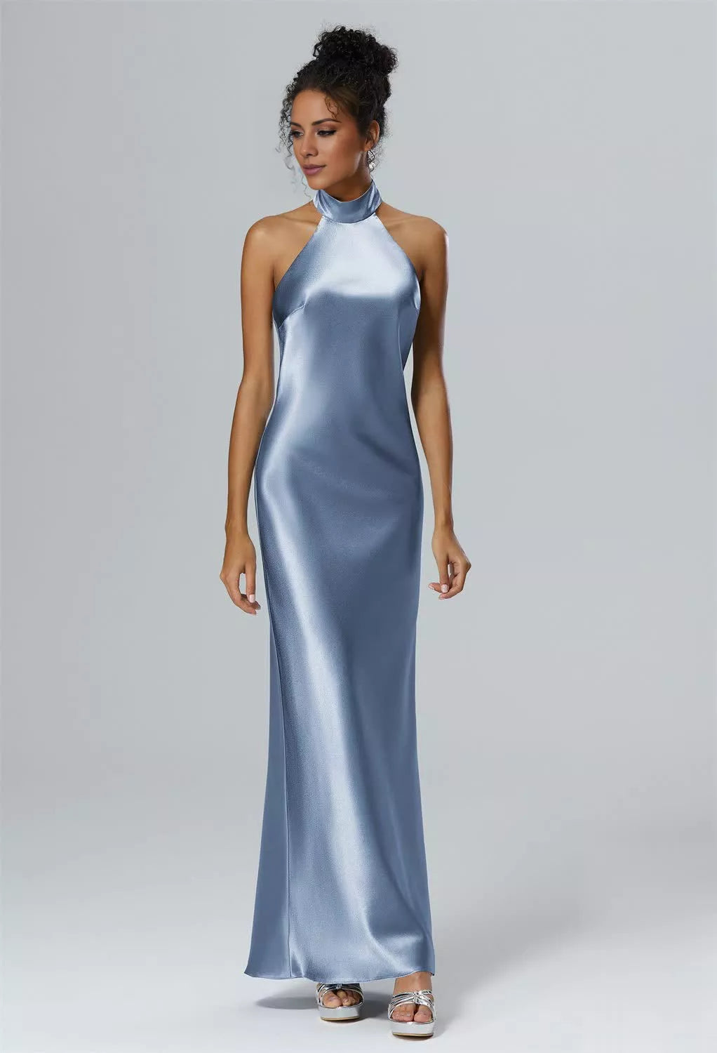 Vestido de dama de honor largo hasta el suelo, sin mangas, con cuello colgante, hombros descubiertos, espalda descubierta, abertura lateral