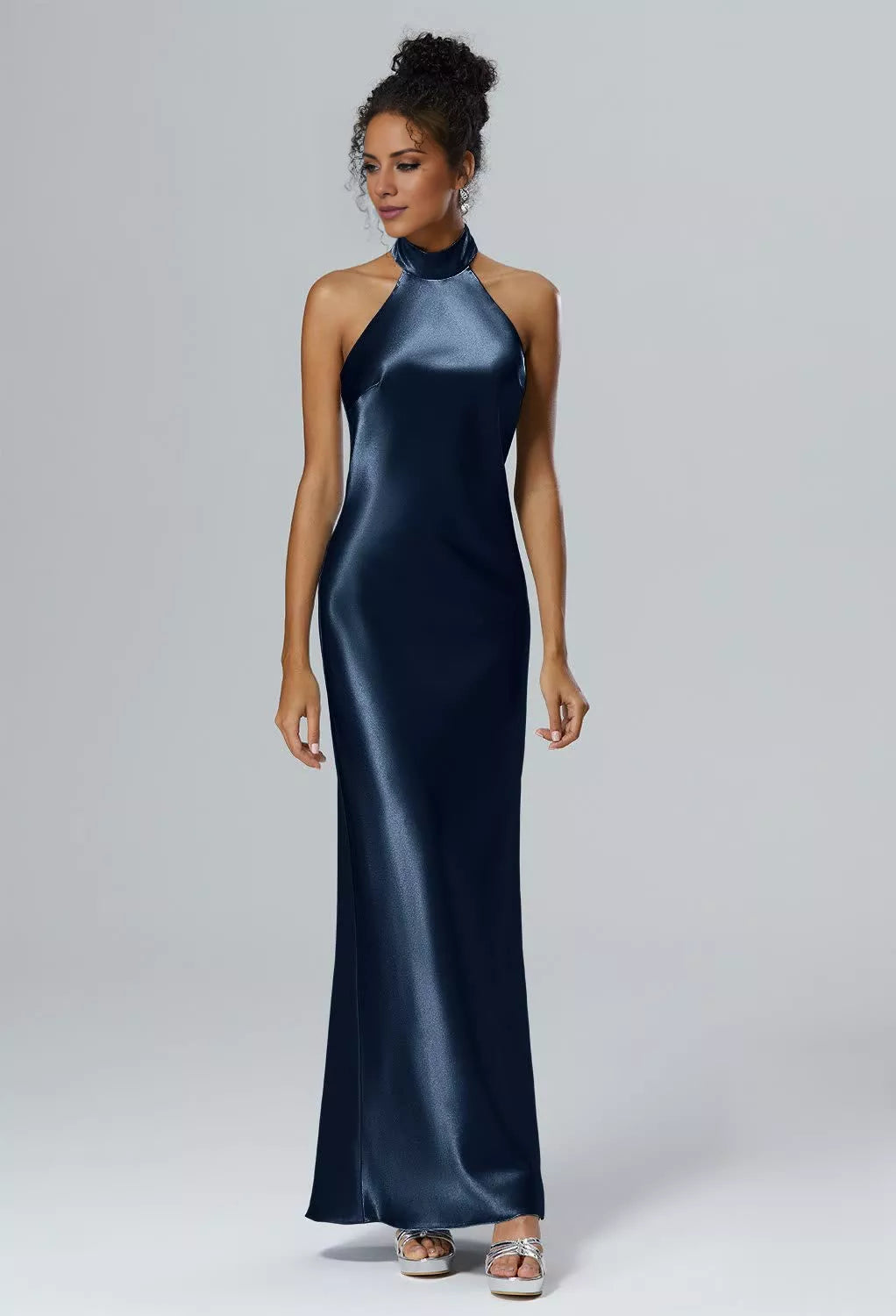 Vestido de dama de honor largo hasta el suelo, sin mangas, con cuello colgante, hombros descubiertos, espalda descubierta, abertura lateral