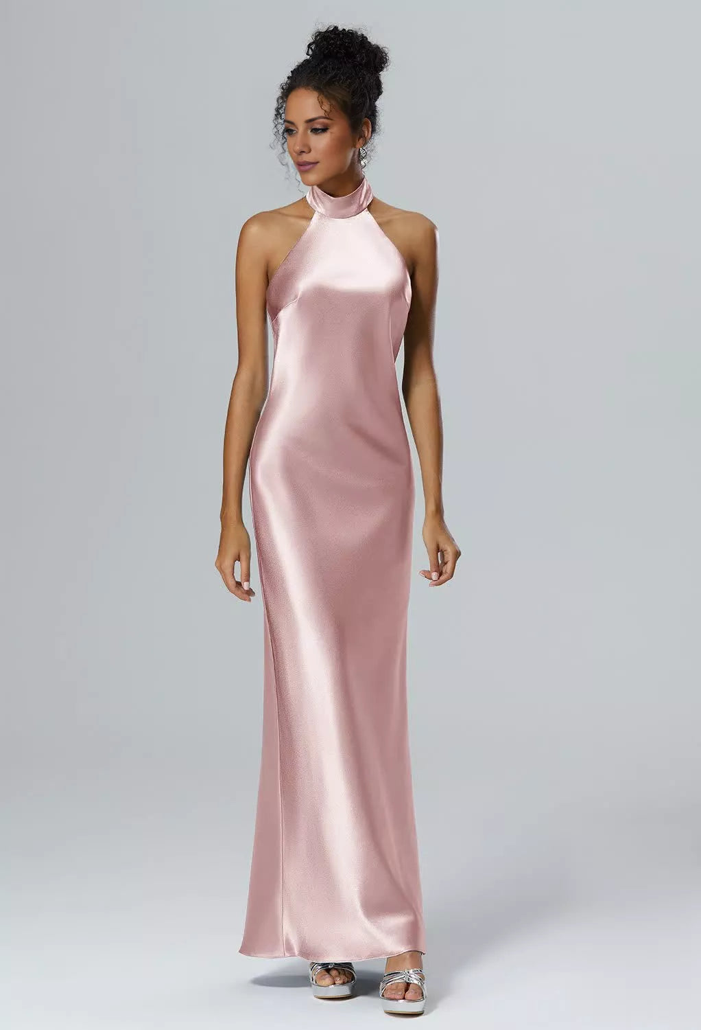 Vestido de dama de honor largo hasta el suelo, sin mangas, con cuello colgante, hombros descubiertos, espalda descubierta, abertura lateral