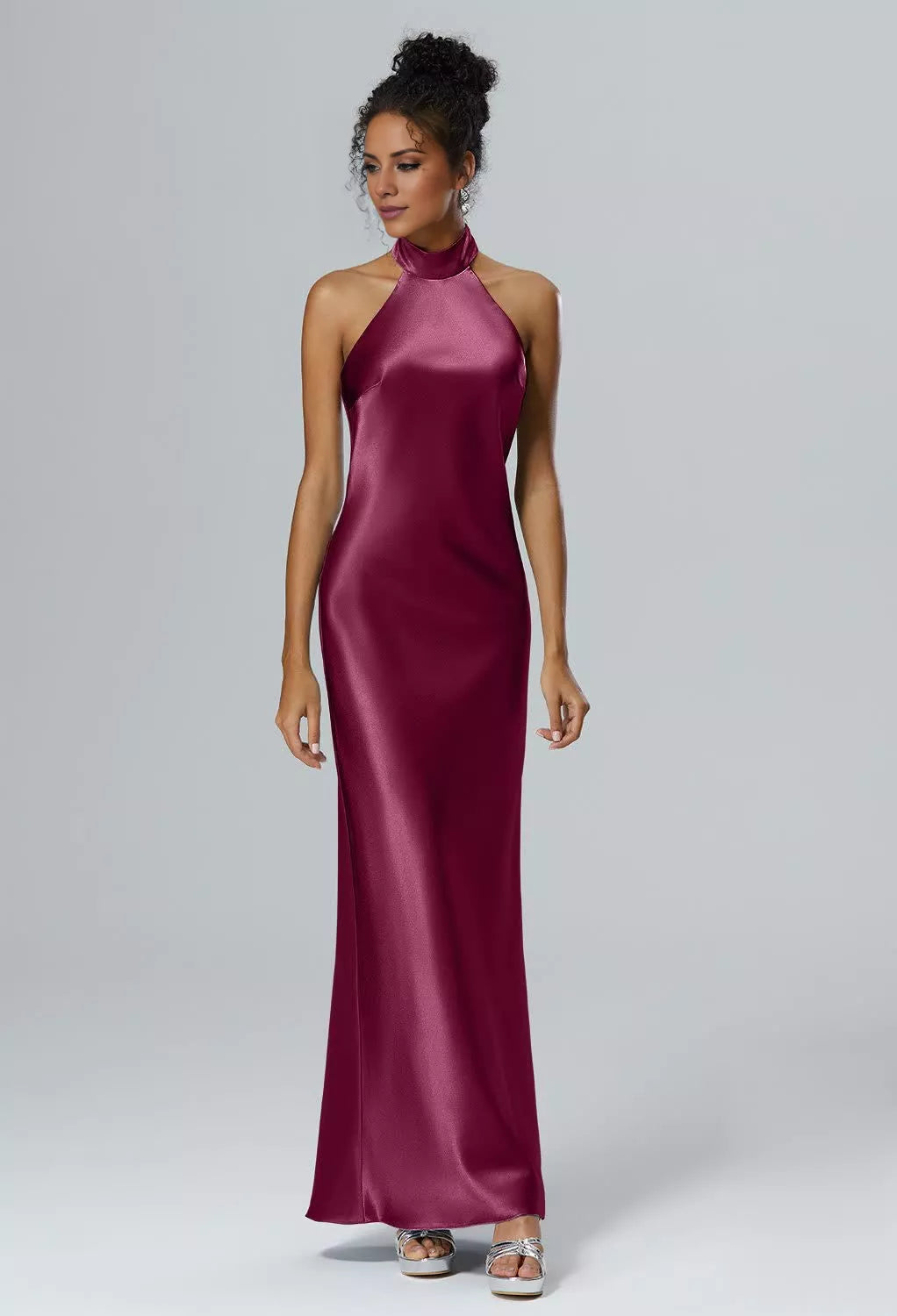 Vestido de dama de honor largo hasta el suelo, sin mangas, con cuello colgante, hombros descubiertos, espalda descubierta, abertura lateral