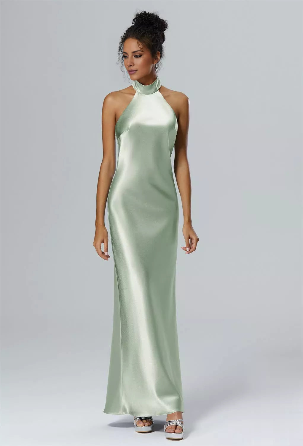 Vestido de dama de honor largo hasta el suelo, sin mangas, con cuello colgante, hombros descubiertos, espalda descubierta, abertura lateral