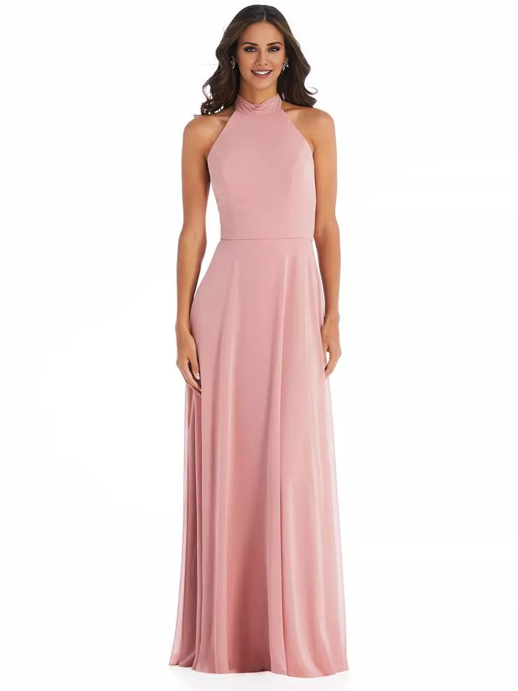 Vestido de fiesta largo hasta el suelo, sin mangas, con cuello colgante y hombros descubiertos, con cremallera en la espalda