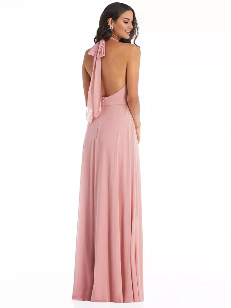 Vestido de fiesta largo hasta el suelo, sin mangas, con cuello colgante y hombros descubiertos, con cremallera en la espalda