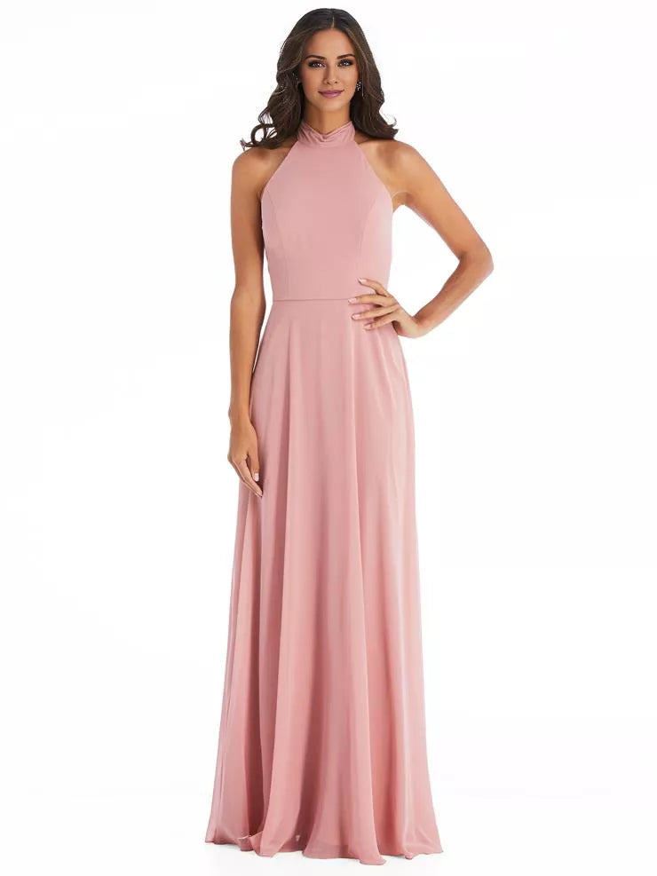 Vestido de fiesta largo hasta el suelo, sin mangas, con cuello colgante y hombros descubiertos, con cremallera en la espalda