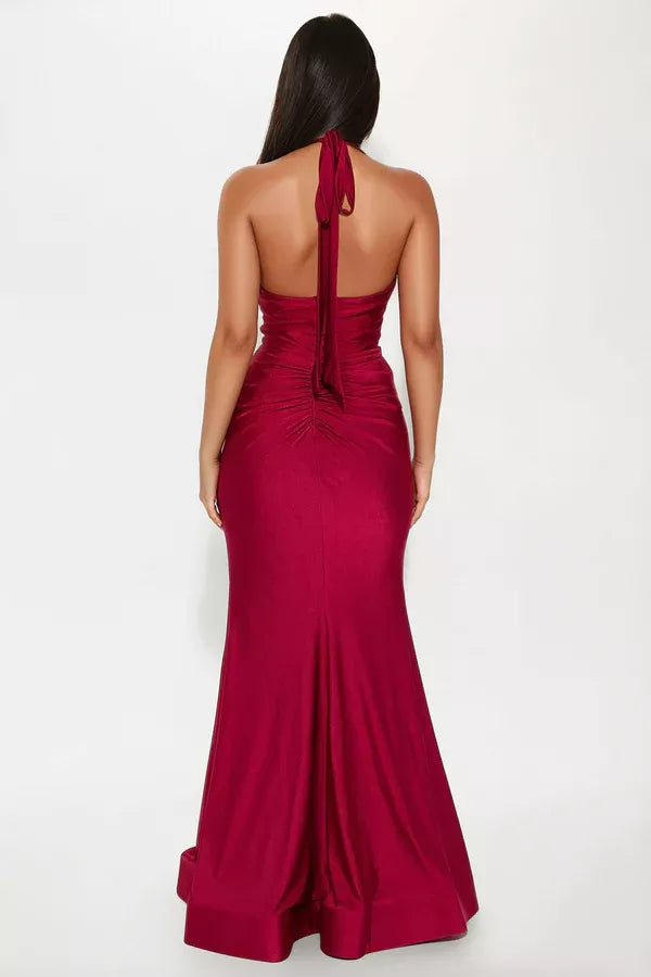 Vestido de noche largo hasta el suelo con escote colgante, sin mangas, espalda descubierta, abertura lateral 