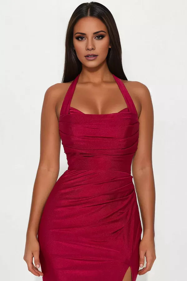 Vestido de noche largo hasta el suelo con escote colgante, sin mangas, espalda descubierta, abertura lateral 