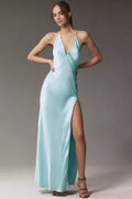Vestido de fiesta largo hasta el suelo, con cuello colgante, sin mangas, tirantes finos, espalda descubierta, abertura lateral 