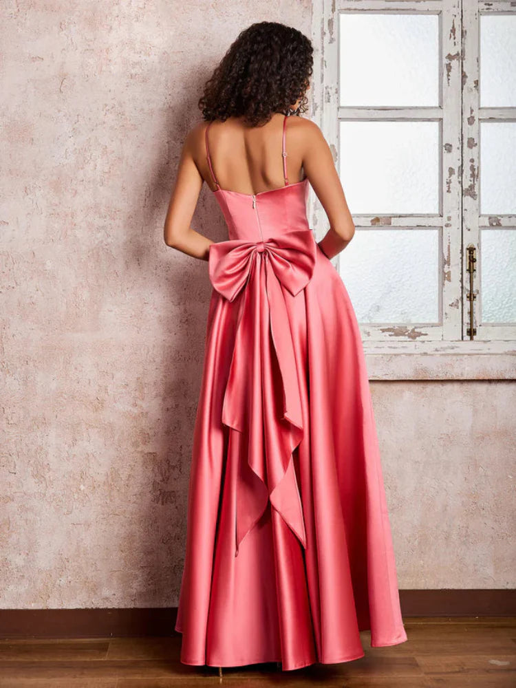 Coral Satin A-Line Floor-Length Sweetheart Bridesmaid Dress