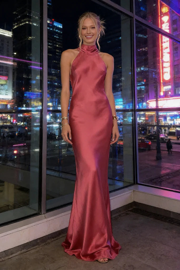 High-Neck Open-Back Crisscross Satin Mermaid Floor-Length Evening Dresses