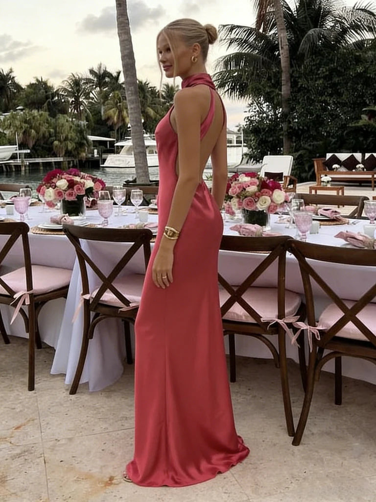 High-Neck Open-Back Crisscross Satin Mermaid Floor-Length Evening Dresses