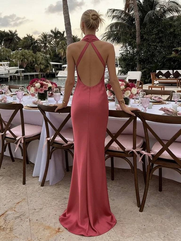 High-Neck Open-Back Crisscross Satin Mermaid Floor-Length Evening Dresses