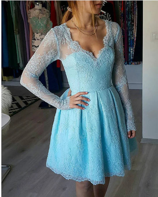 Vestido de fiesta de manga larga con encaje y escote en V