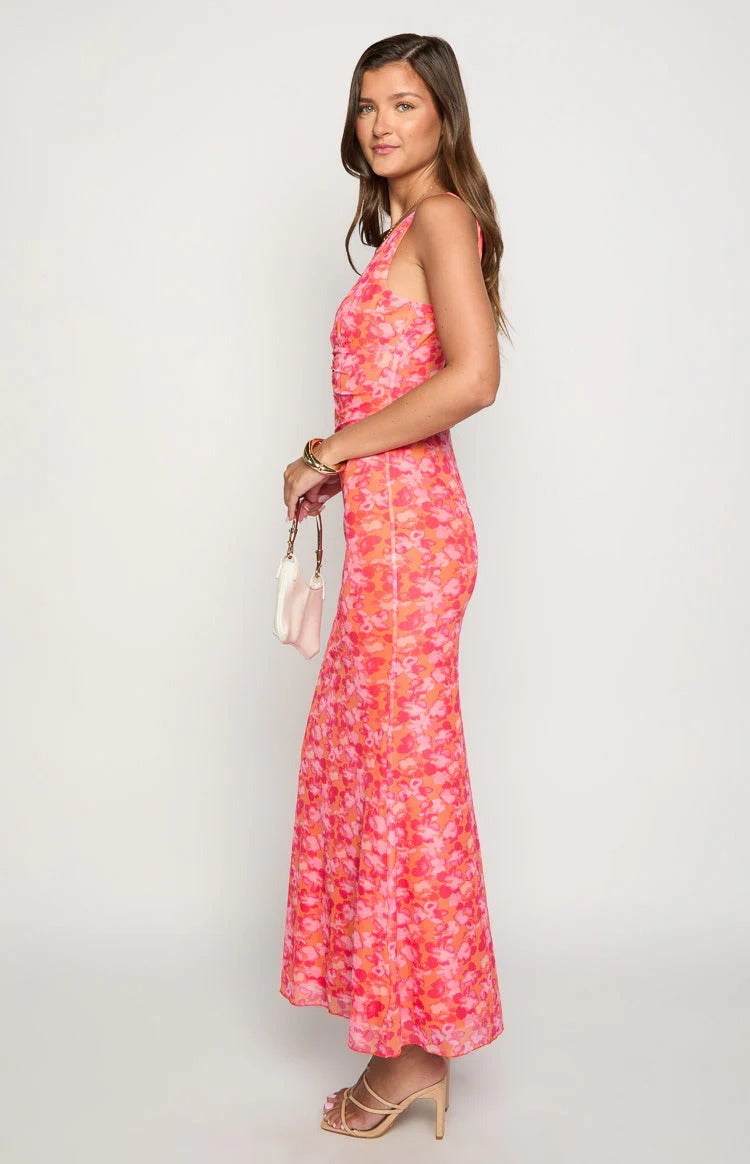 Hot Pink Floral Maxi Dress – Open Back Tie-Strap Formal Dress with Ruched Bodice