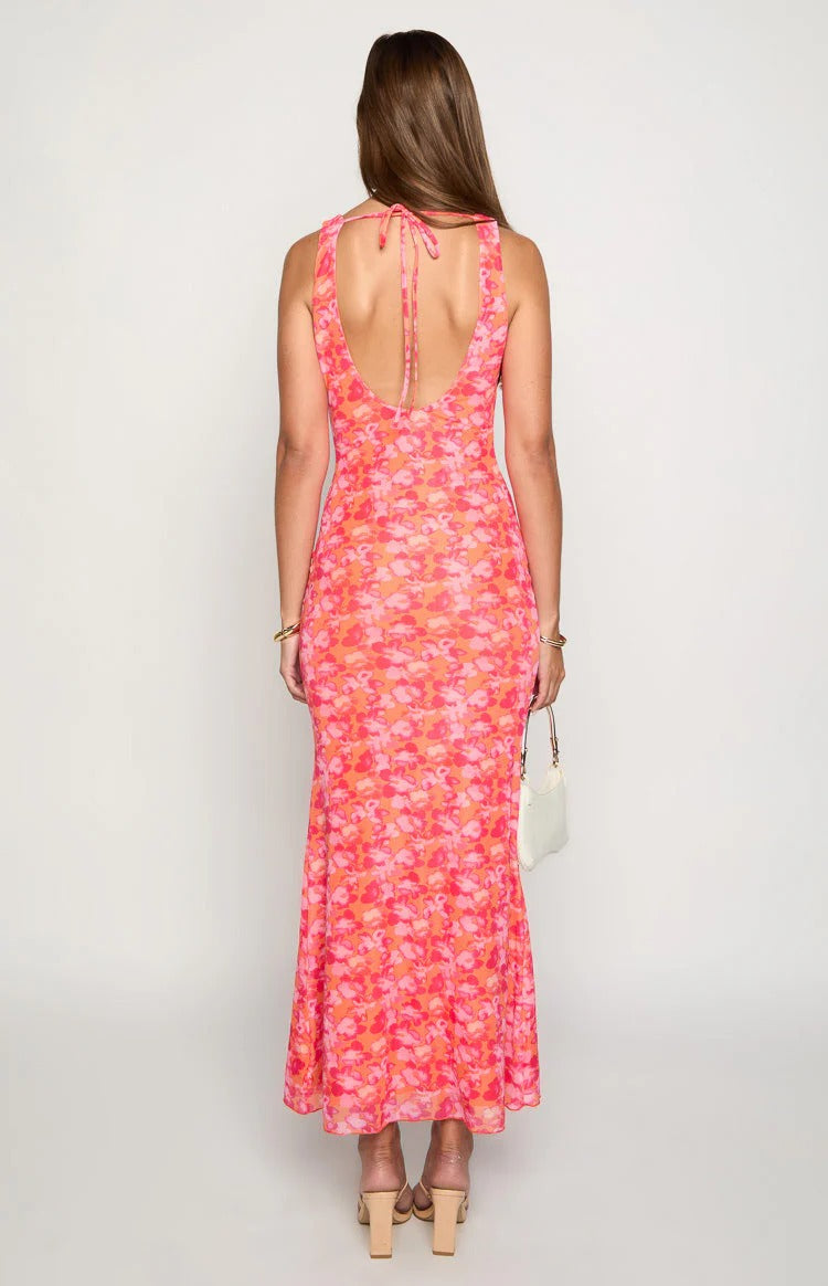 Hot Pink Floral Maxi Dress – Open Back Tie-Strap Formal Dress with Ruched Bodice
