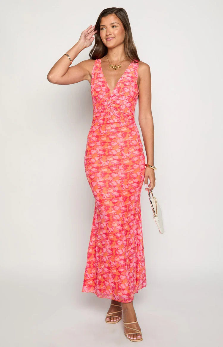 Hot Pink Floral Maxi Dress – Open Back Tie-Strap Formal Dress with Ruched Bodice