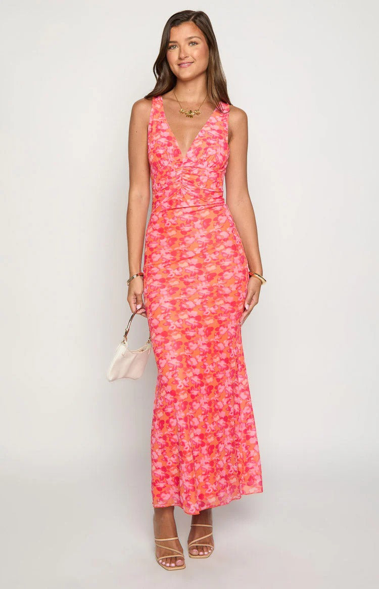 Hot Pink Floral Maxi Dress – Open Back Tie-Strap Formal Dress with Ruched Bodice