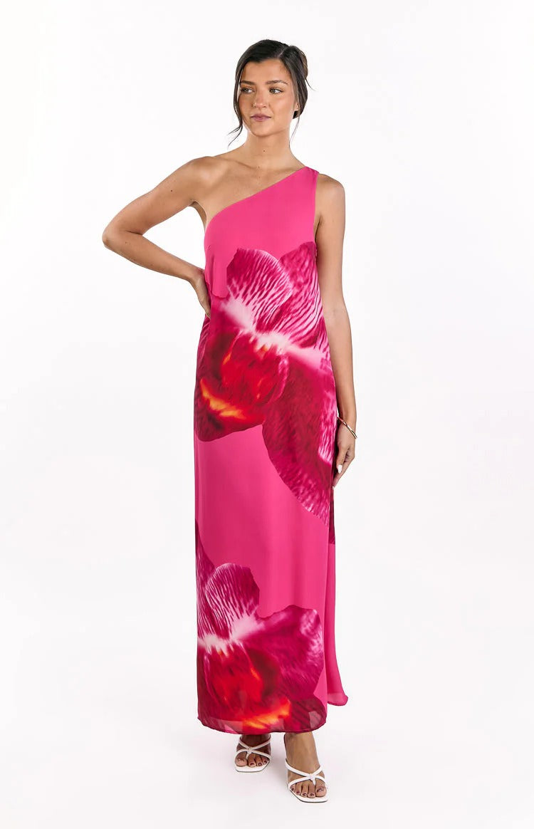 Pink Floral Print One Shoulder A-Line Chiffon Floor-Length Dress