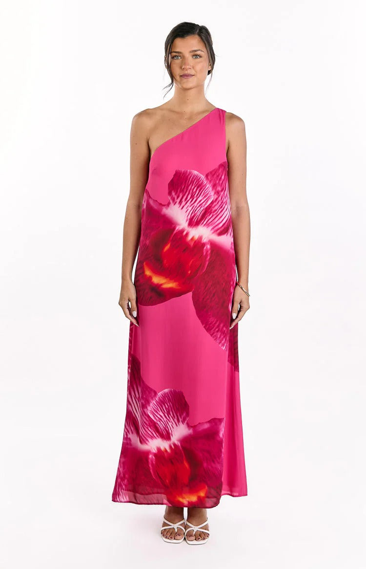 Hot Pink Orchid Print One-Shoulder Maxi Dress – Flowy Chiffon Summer Formal Dress