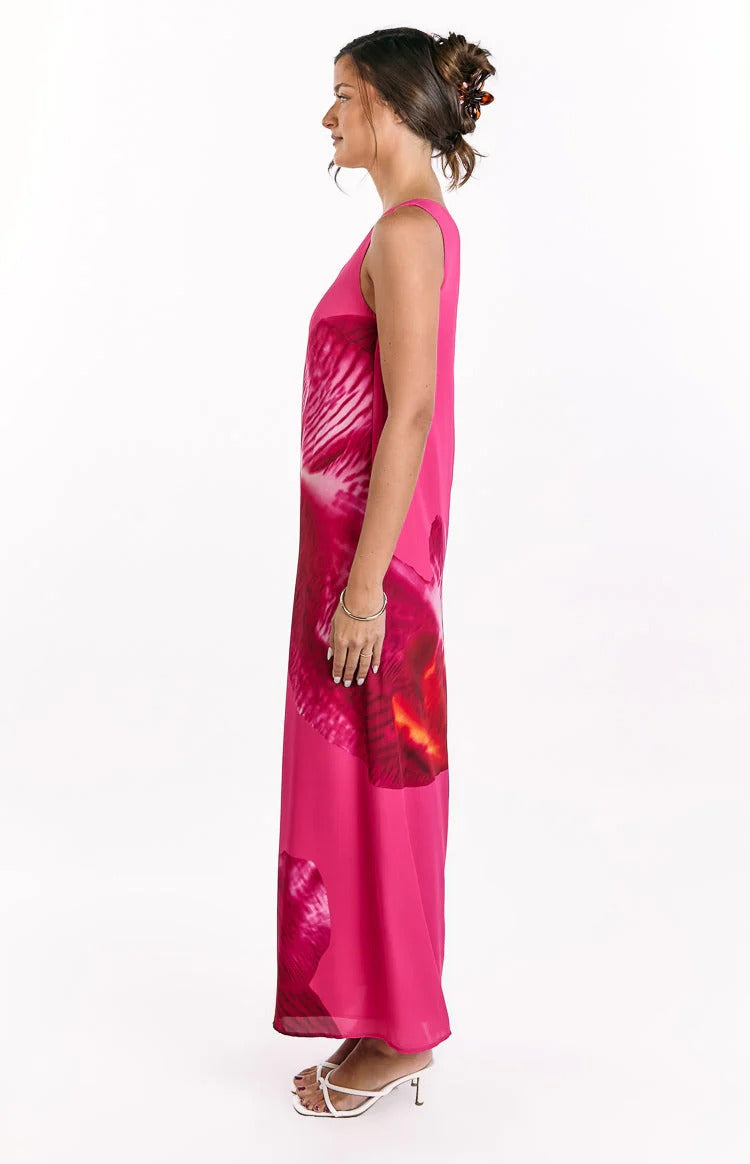 Hot Pink Orchid Print One-Shoulder Maxi Dress – Flowy Chiffon Summer Formal Dress
