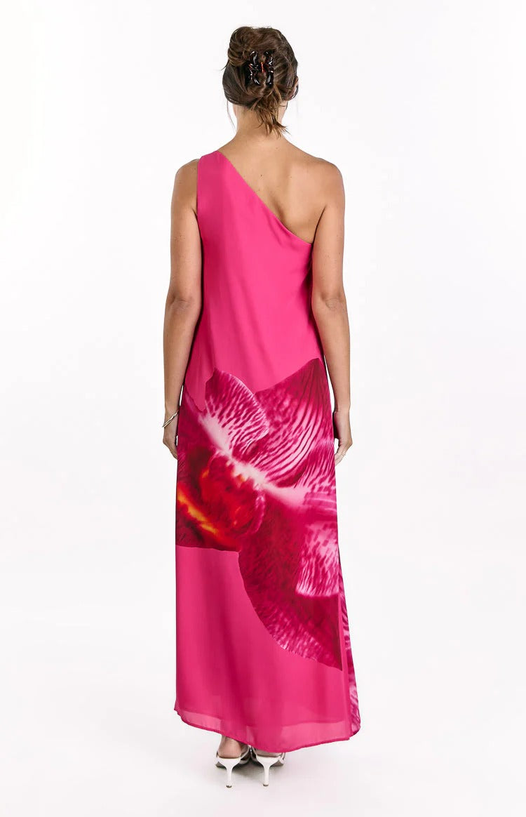 Hot Pink Orchid Print One-Shoulder Maxi Dress – Flowy Chiffon Summer Formal Dress