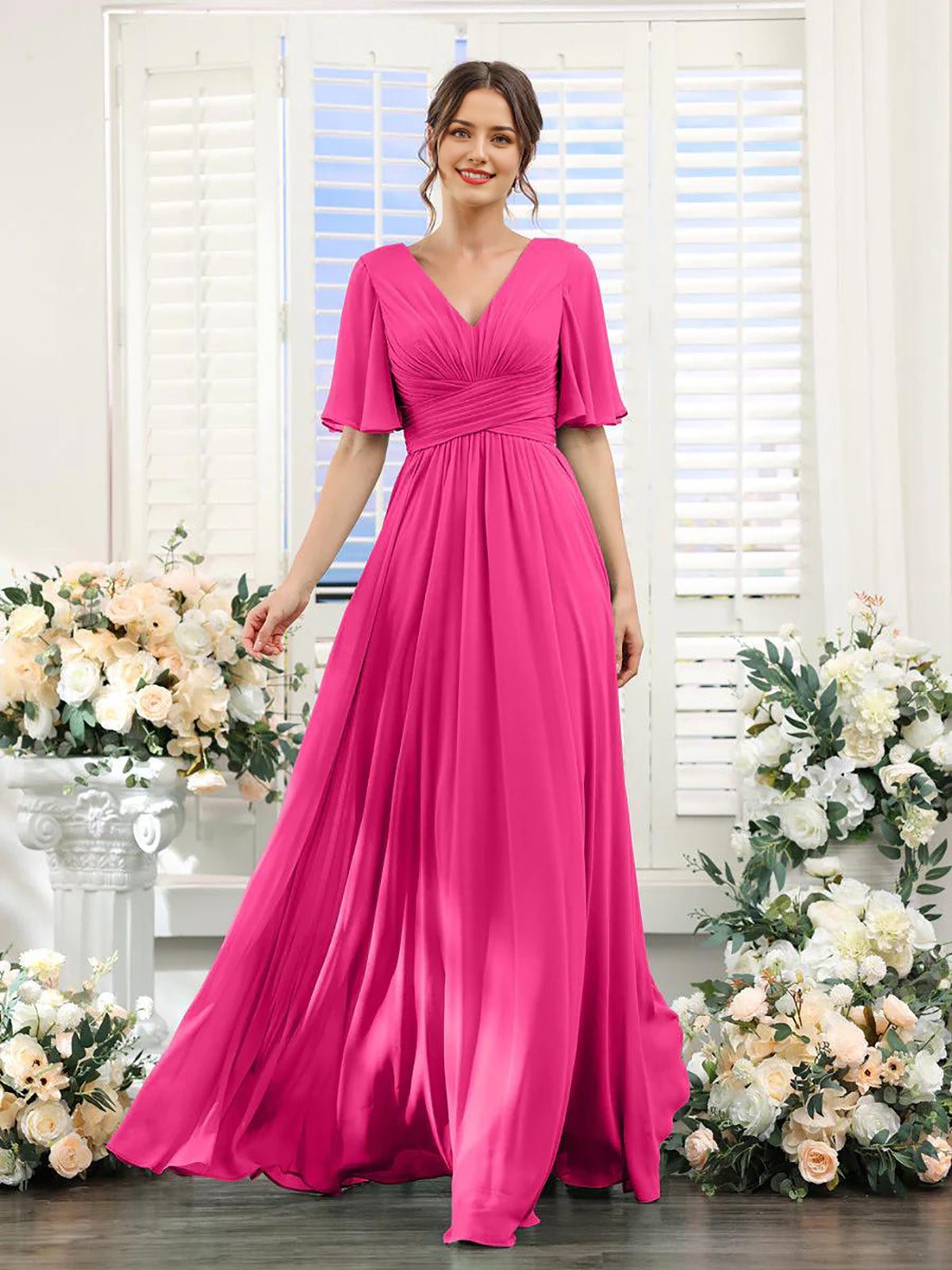 Dusty Sage Ruched Bodice Flutter Sleeves A-Line Floor-Length Bridesmaid Dress