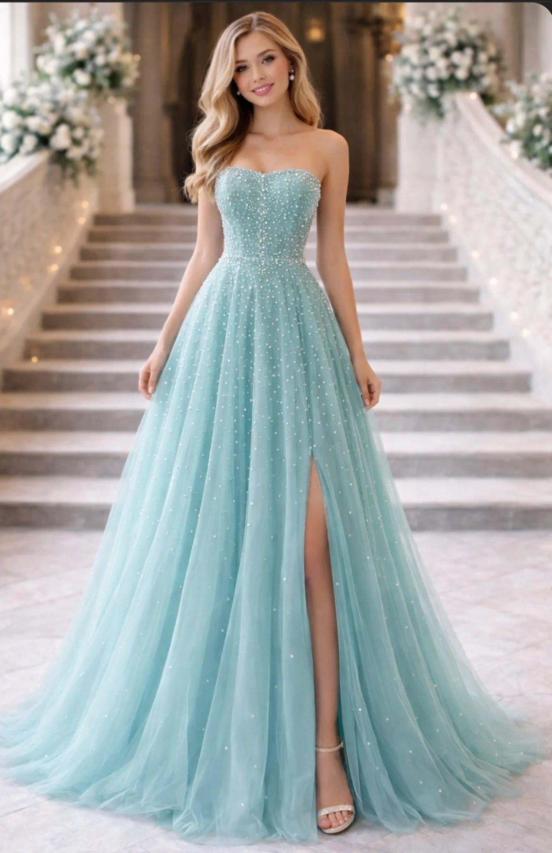 Sky Blue Sweetheart A-Line Tulle Floor-Length Gown with Beaded Bodice & High Slit
