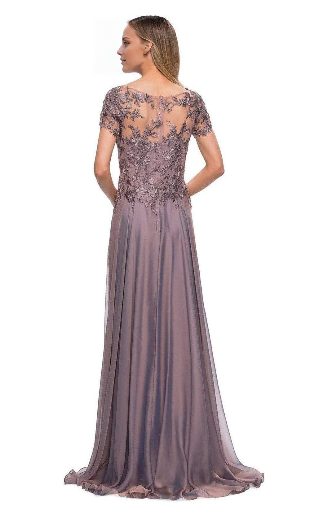 Illusionary collar short sleeved lace backless and floor length mother of the bride dress