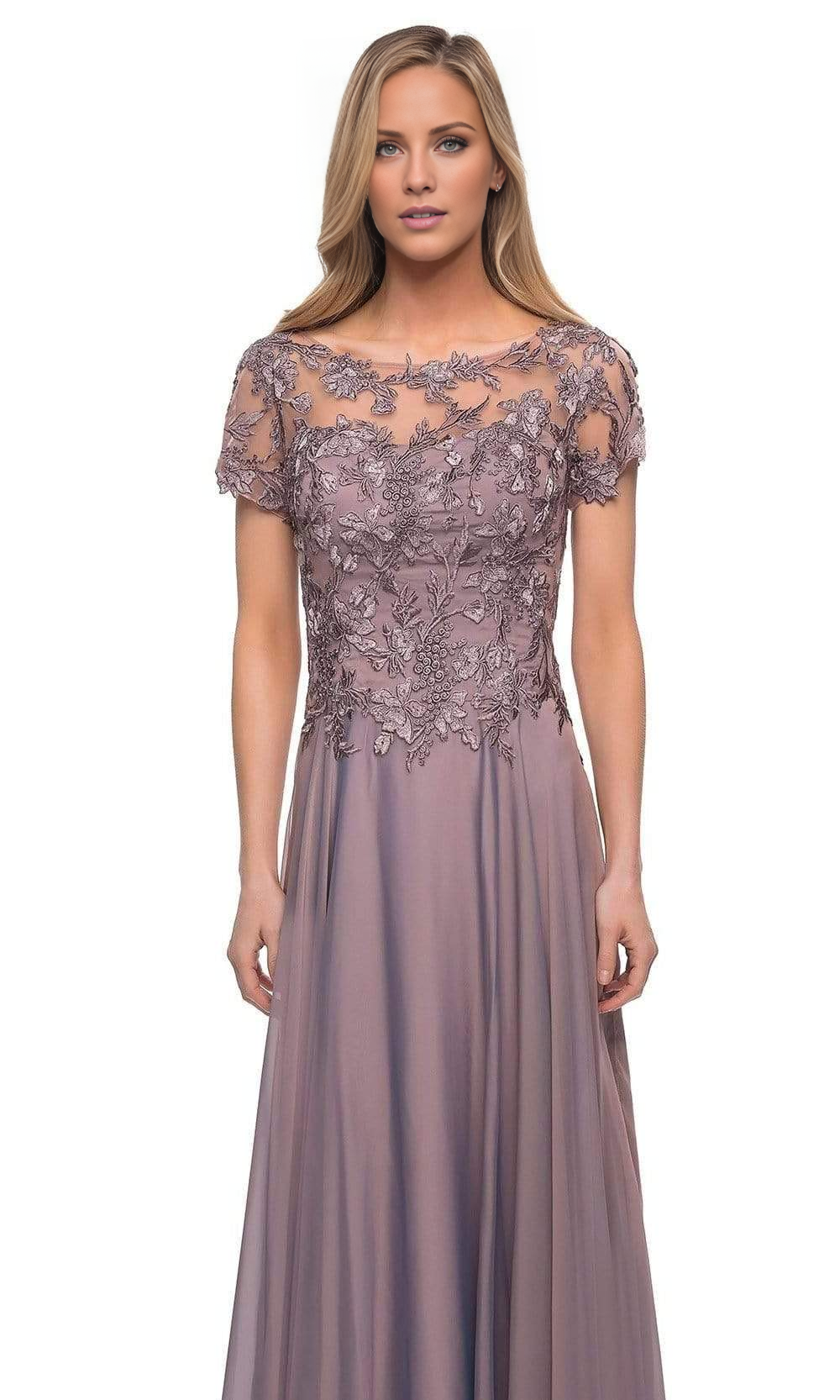 Illusionary collar short sleeved lace backless and floor length mother of the bride dress