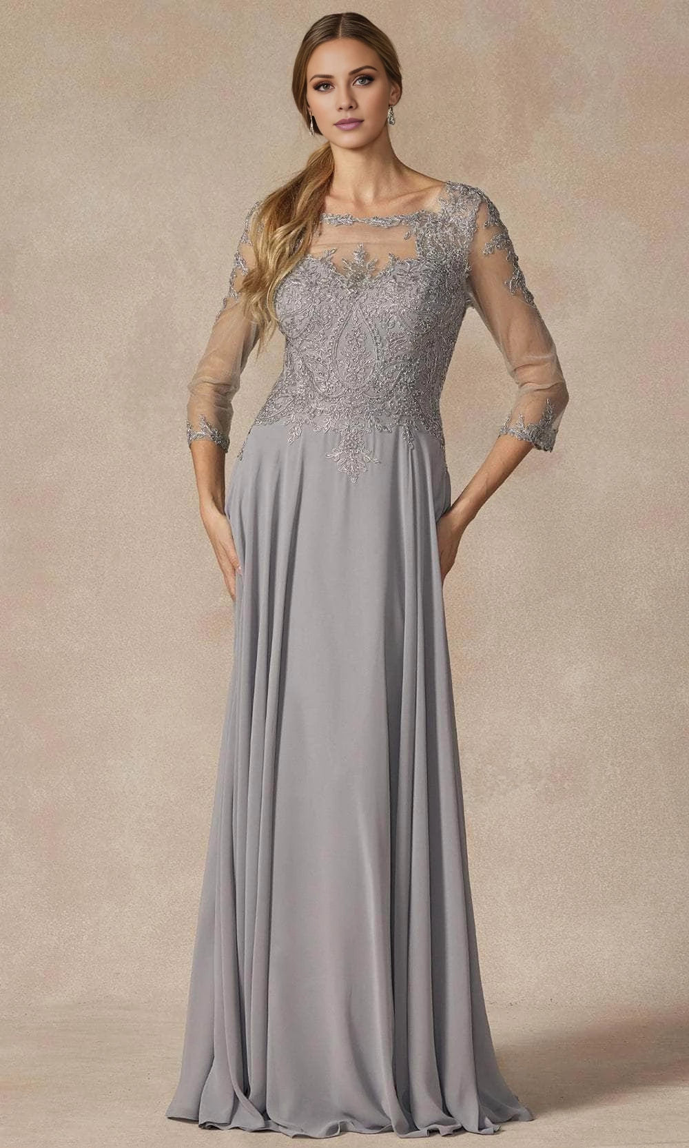 Vestido para madre de la novia con cuello ilusión, manga larga, encaje y largo hasta el suelo 