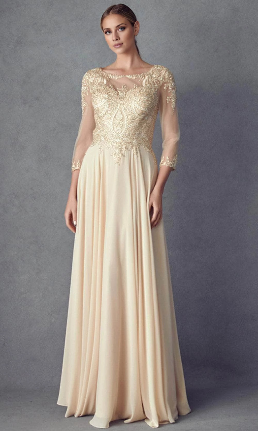 Elegant Grey Chiffon A-Line Floor-Length Evening Dress with Illusion Boat Neck & Lace Appliques