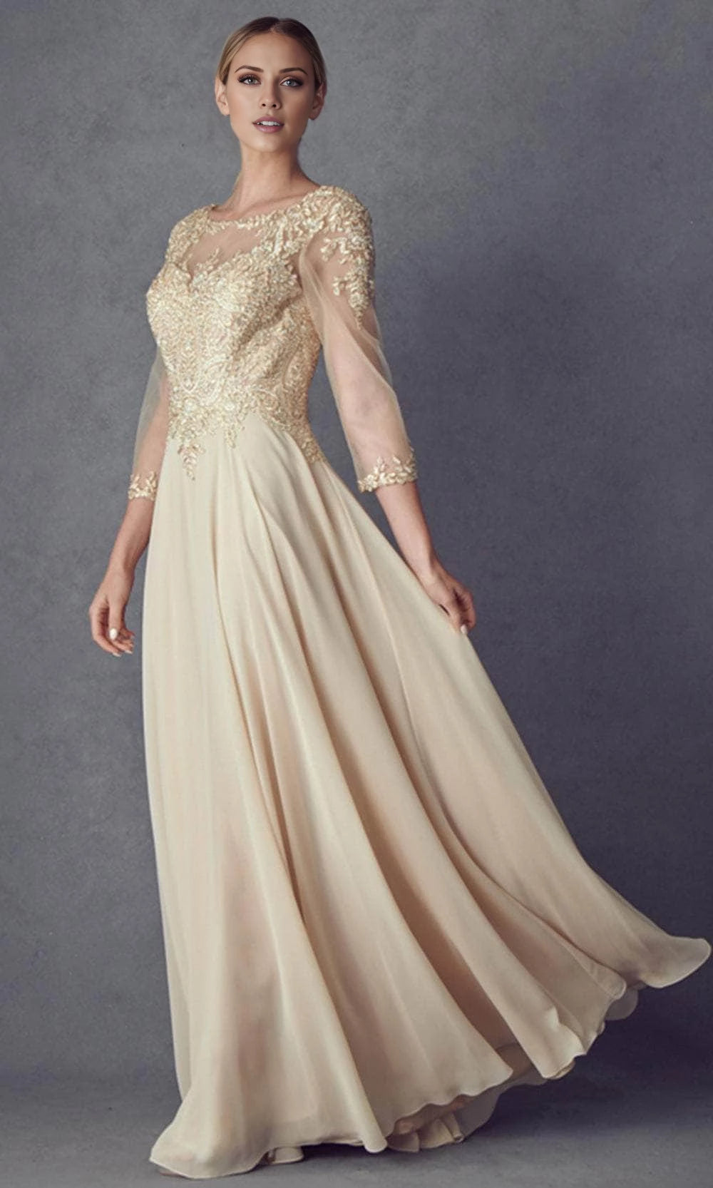 Vestido para madre de la novia con cuello ilusión, manga larga, encaje y largo hasta el suelo 