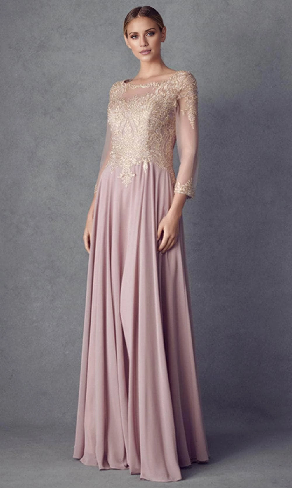 Vestido para madre de la novia con cuello ilusión, manga larga, encaje y largo hasta el suelo 