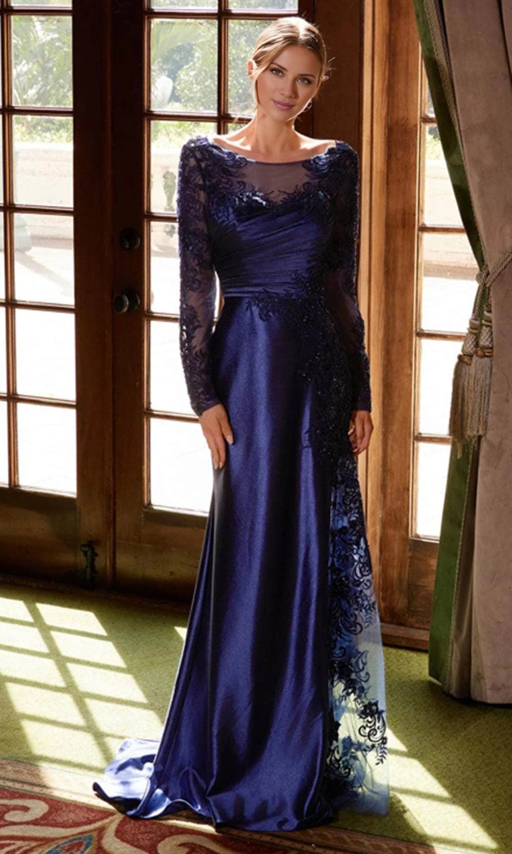 Dark Navy Satin A-Line Floor-Length Mother Of The Bride Dress with Illusion Lace Sleeves