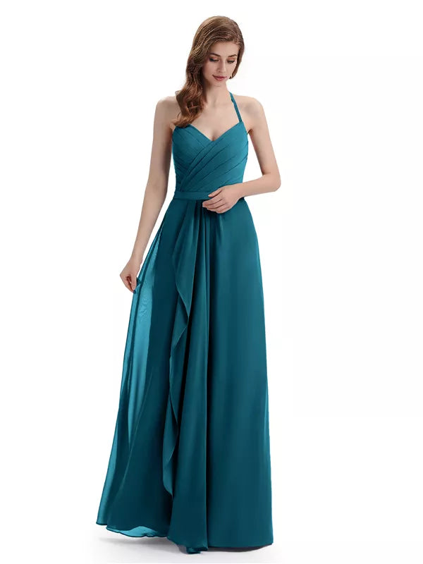 Charming Halter V-neck Off Shoulder Sleeveless Floor Length Bridesmaid Dresses