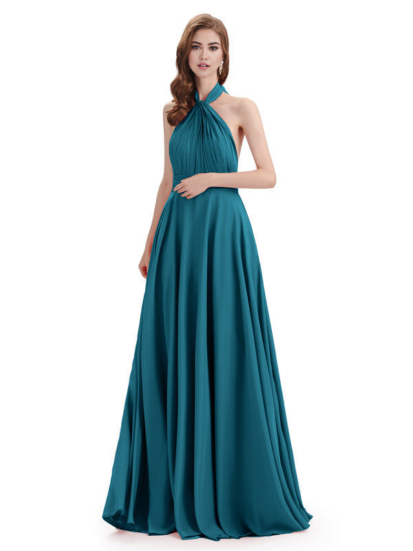 Simple A-Line High Neck Halter Sleeveless Pleats Chiffon Floor Length Bridesmaid Dresses