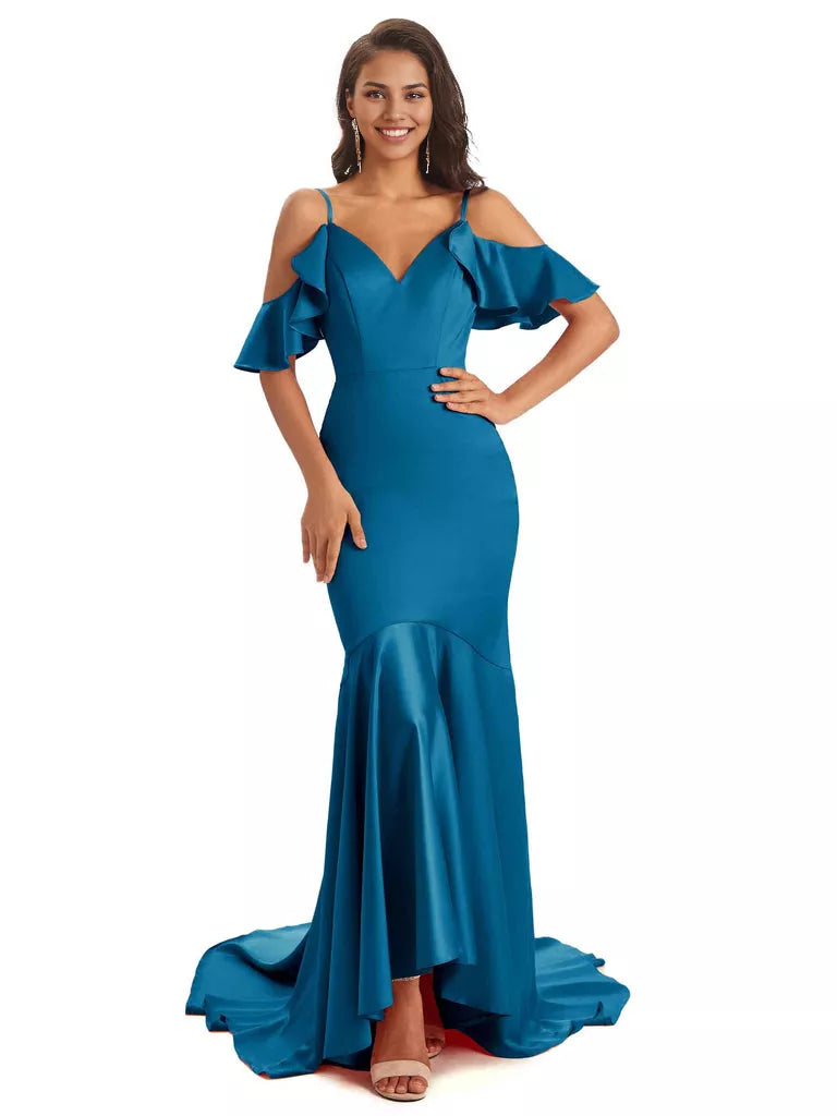 Soft Satin Asymmetric Spaghetti Straps Sleeveless Mermaid Cold Shoulder Bridesmaid Dresses