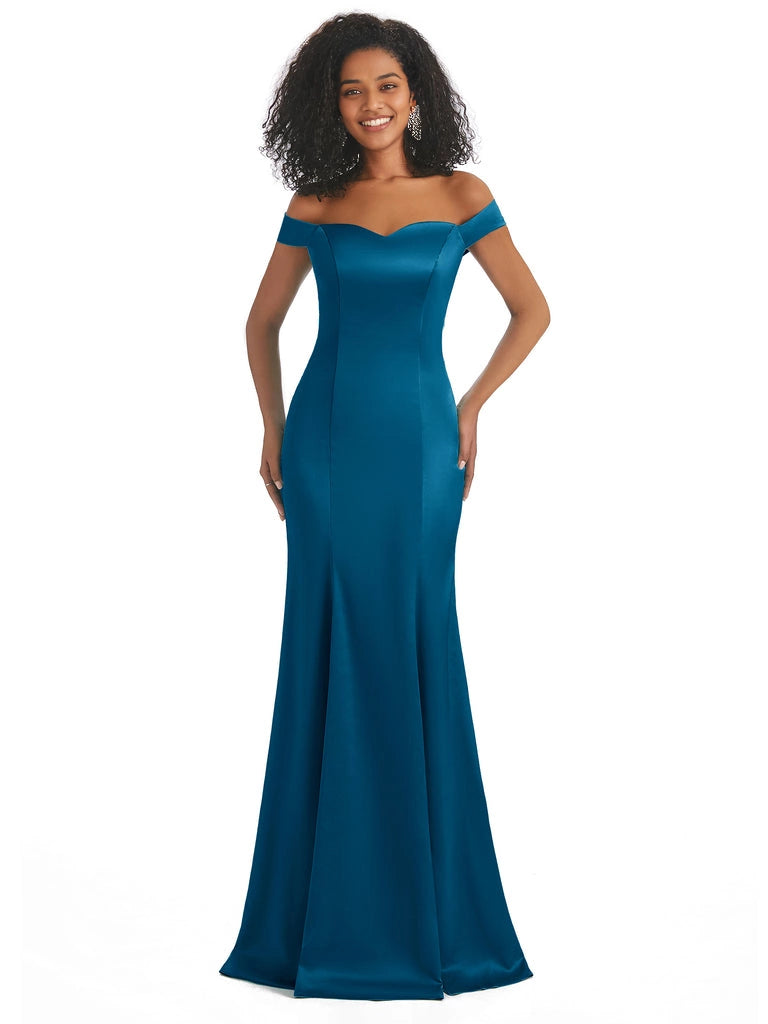 Vestidos de dama de honor largos, sencillos, de satén suave, sin mangas y con hombros descubiertos, de corte sirena