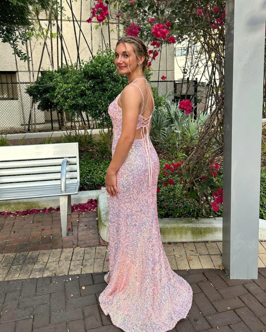 Iridescent Full Sequin Thin Spaghetti V-Neck Lace-Up Back High Slit Mermaid Sweep Train Evening Dresses