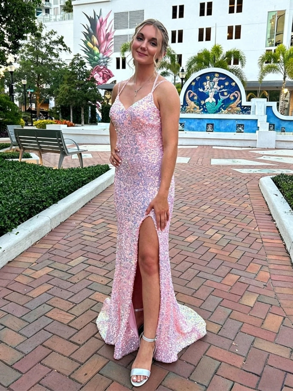 Iridescent Full Sequin Thin Spaghetti V-Neck Lace-Up Back High Slit Mermaid Sweep Train Evening Dresses