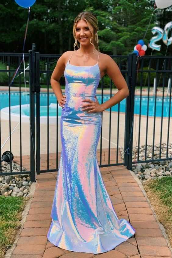 Iridescent Sequin Spaghetti Strap Lace-Up Back Slit Mermaid Evening Dresses