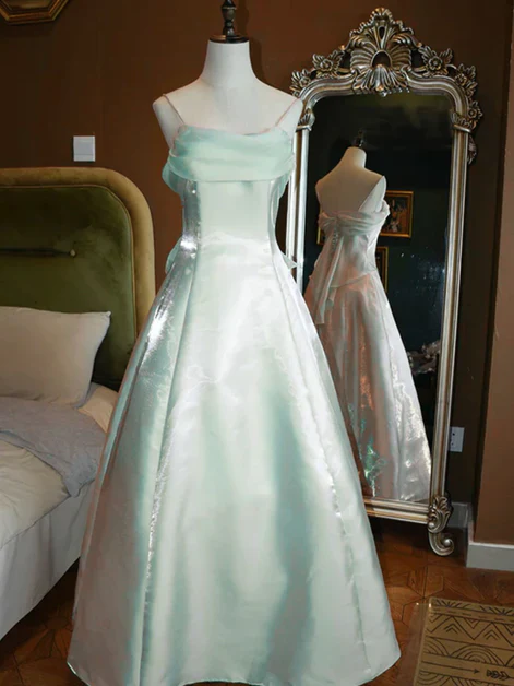 Iridescent organza A-line cowl-neck spaghetti-strap bow-back floor-length evening dresses