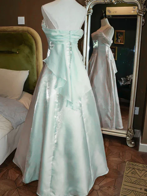 Iridescent organza A-line cowl-neck spaghetti-strap bow-back floor-length evening dresses