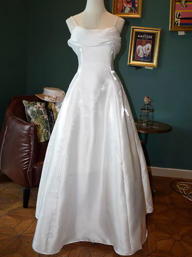 Iridescent organza A-line cowl-neck spaghetti-strap bow-back floor-length evening dresses