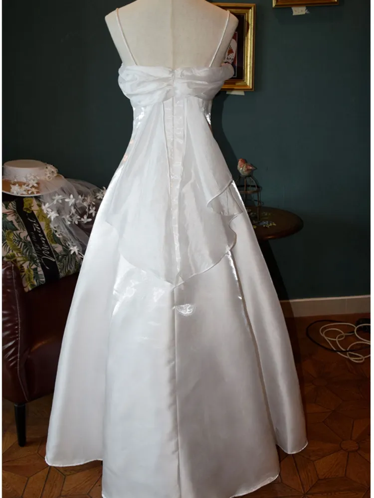 Iridescent organza A-line cowl-neck spaghetti-strap bow-back floor-length evening dresses