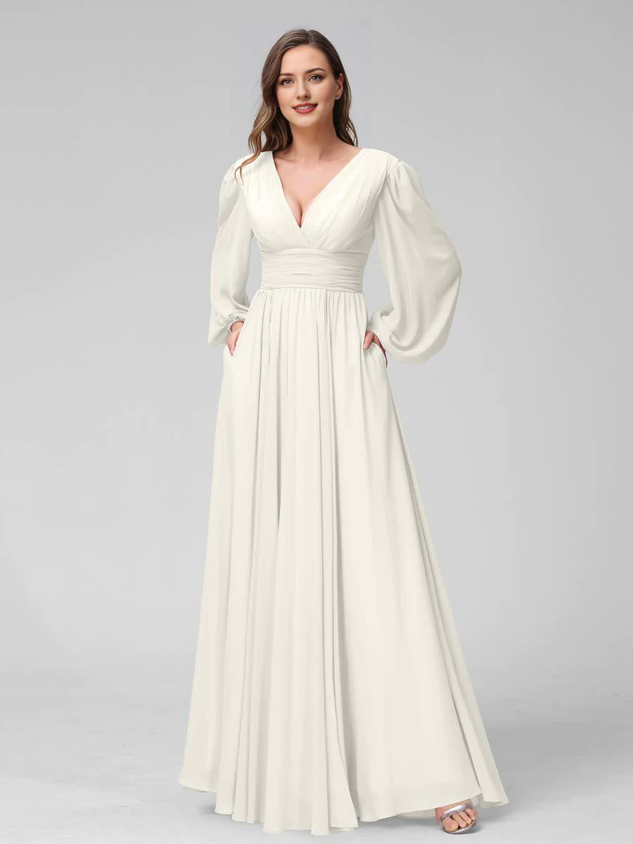 Blushing Pink Chiffon V-Neck A-Line Floor-Length Bridesmaid Dress with Bishop Sleeves