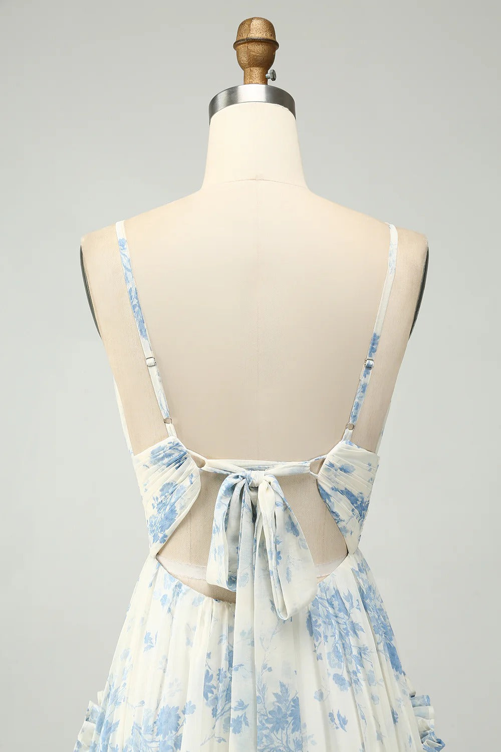 Ivory Blue Floral Ruffle Tiered Chiffon Gown with Open Back and Train