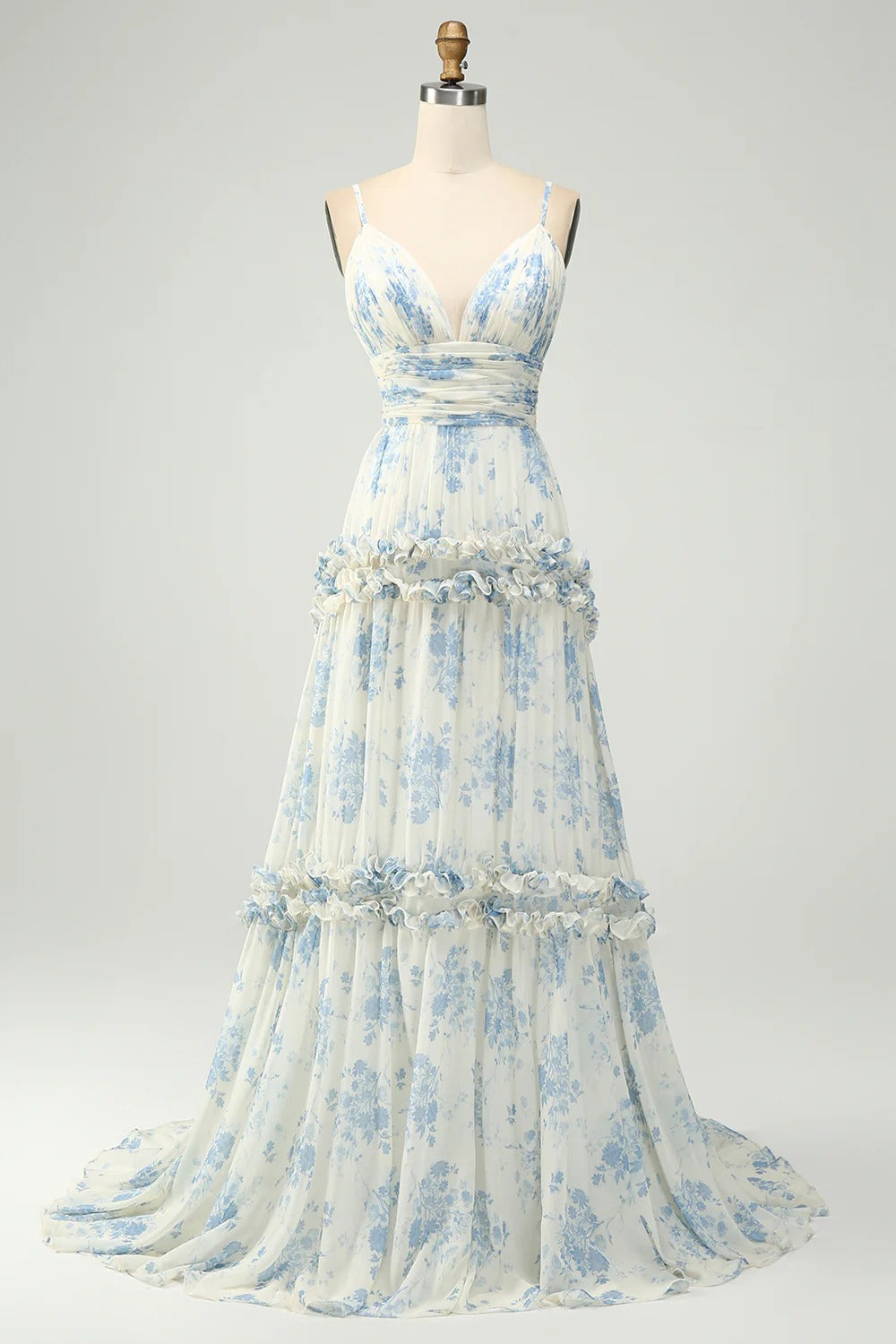 Ivory Blue Floral Ruffle Tiered Chiffon Gown with Open Back and Train